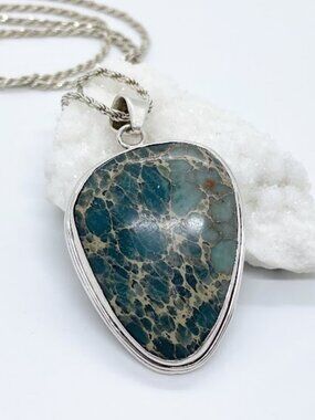Large Sea Sediment Jasper Necklace Turquoise and Aqua colors with Silver Chain